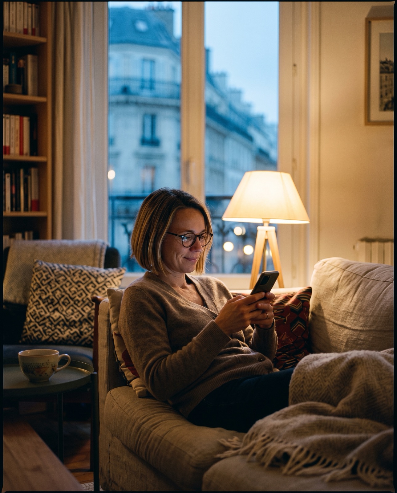 Léa at home in Paris in the evening, smiling at her phone